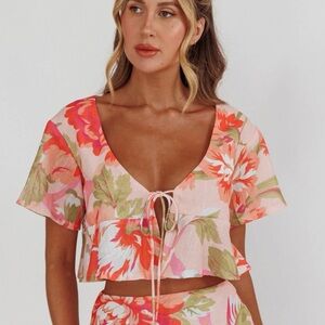 Indikah La Vie Tied Bust Crop Top S Floral Peach Shirt Blouse Whimsical Flirty